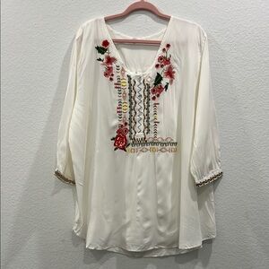 Embroidered White Women's 100% Cotton Peasant Blouse Half Button Front Top XXL